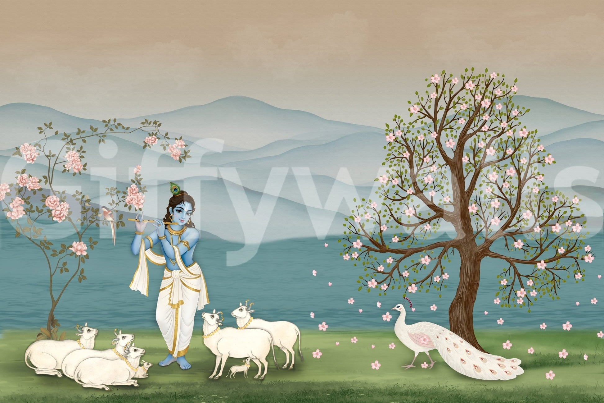 Soft scenic hills give depth to Divine Serenity wall mural design, GD8966