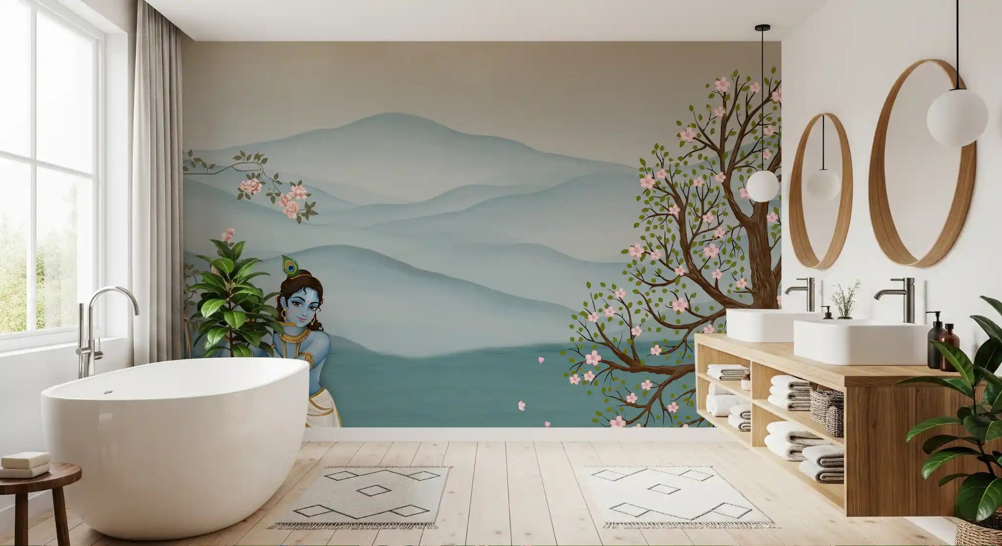 Sacred cows gather near Krishna in this peaceful Krishna wall mural, GD8966