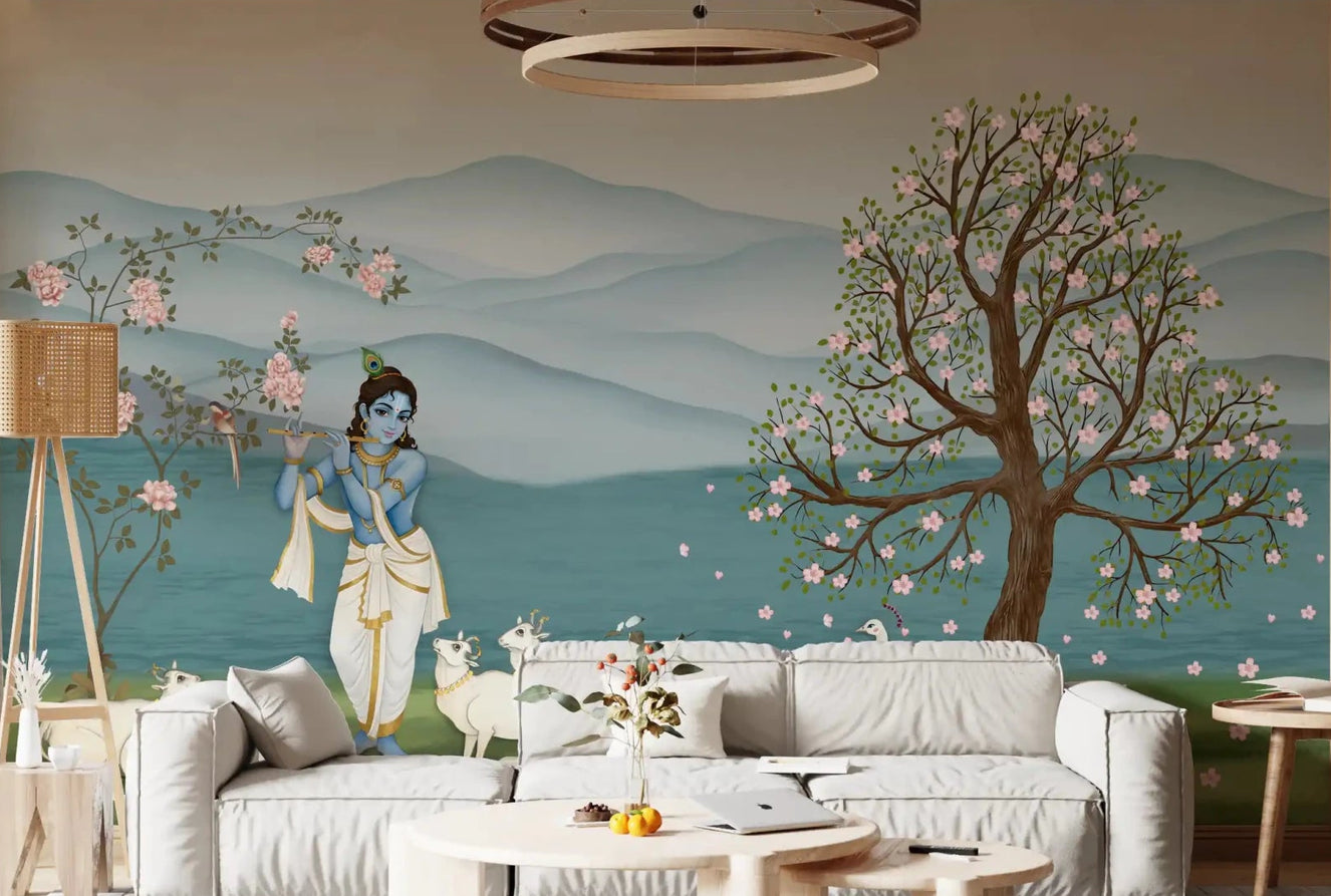 Living room Divine Serenity Garden Wall Mural with Krishna and cows