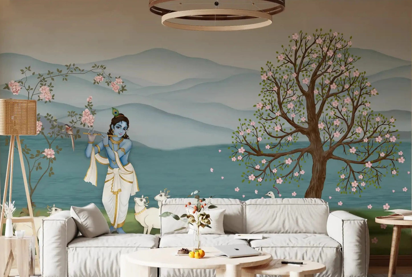 Living room Divine Serenity Garden Wall Mural with Krishna and cows, GD8966