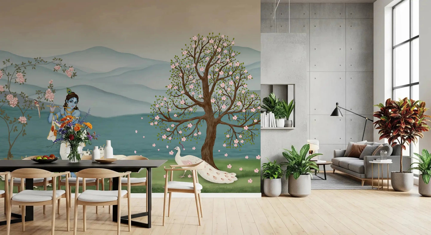Dining area garden wall mural featuring Krishna, cows, and blue mountains, GD8966