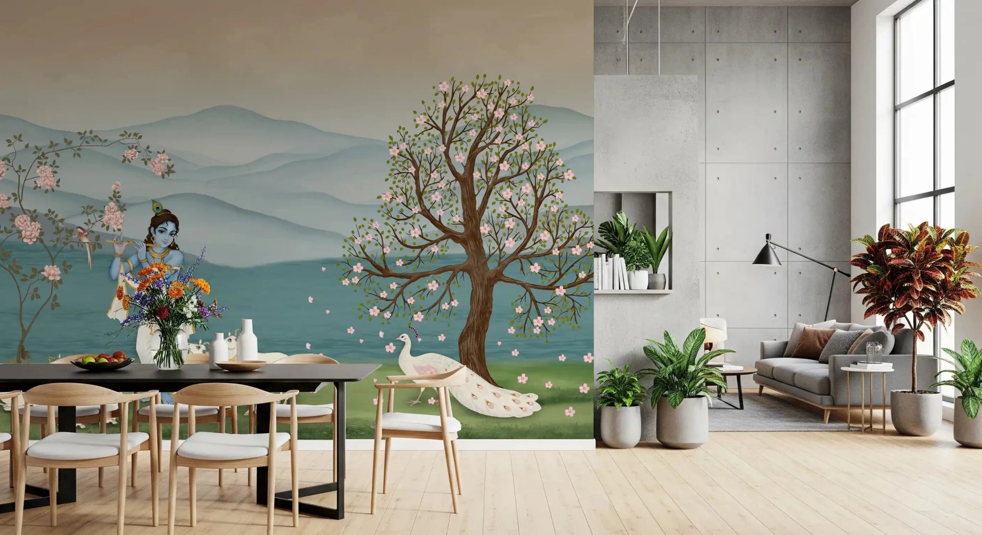 Dining area garden wall mural featuring Krishna, cows, and blue mountains, GD8966