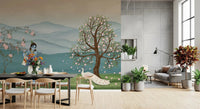 Dining area garden wall mural featuring Krishna, cows, and blue mountains, GD8966