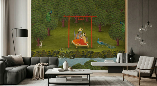 Divine Swing Serenity Wall Mural installed behind a wooden bed, GD7588