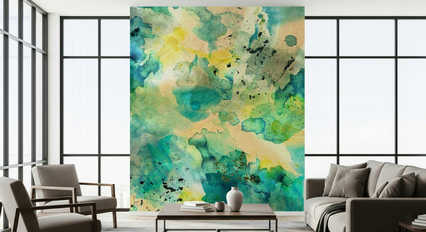 A graceful subtle sea creature wall mural in cool, blue tones.