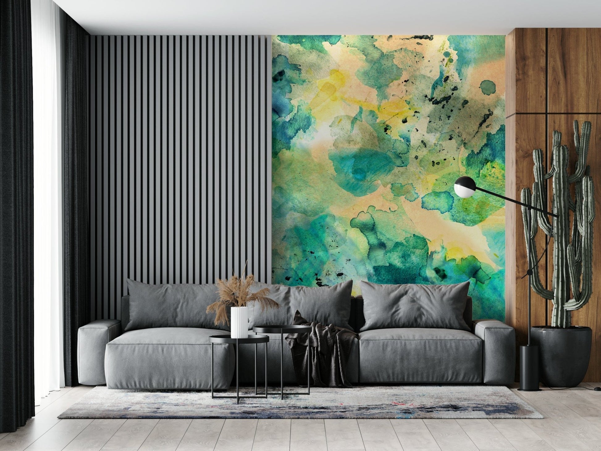 A peaceful underwater world mural on decorative wallpaper.