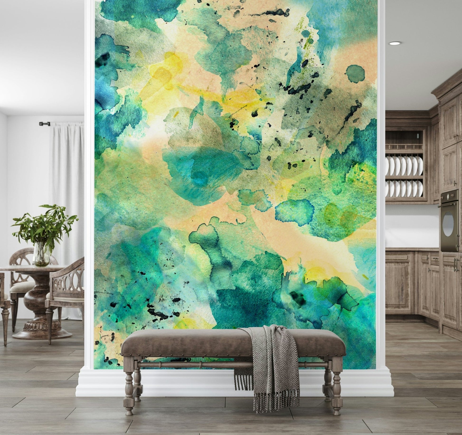 An artistic deep sea mural on minimalist wallpaper.