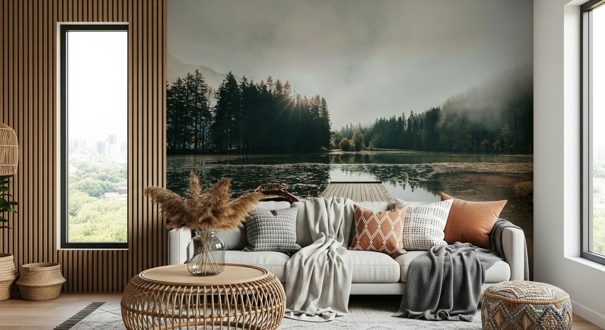 A calming abstract design wallpaper mural that defines a space.