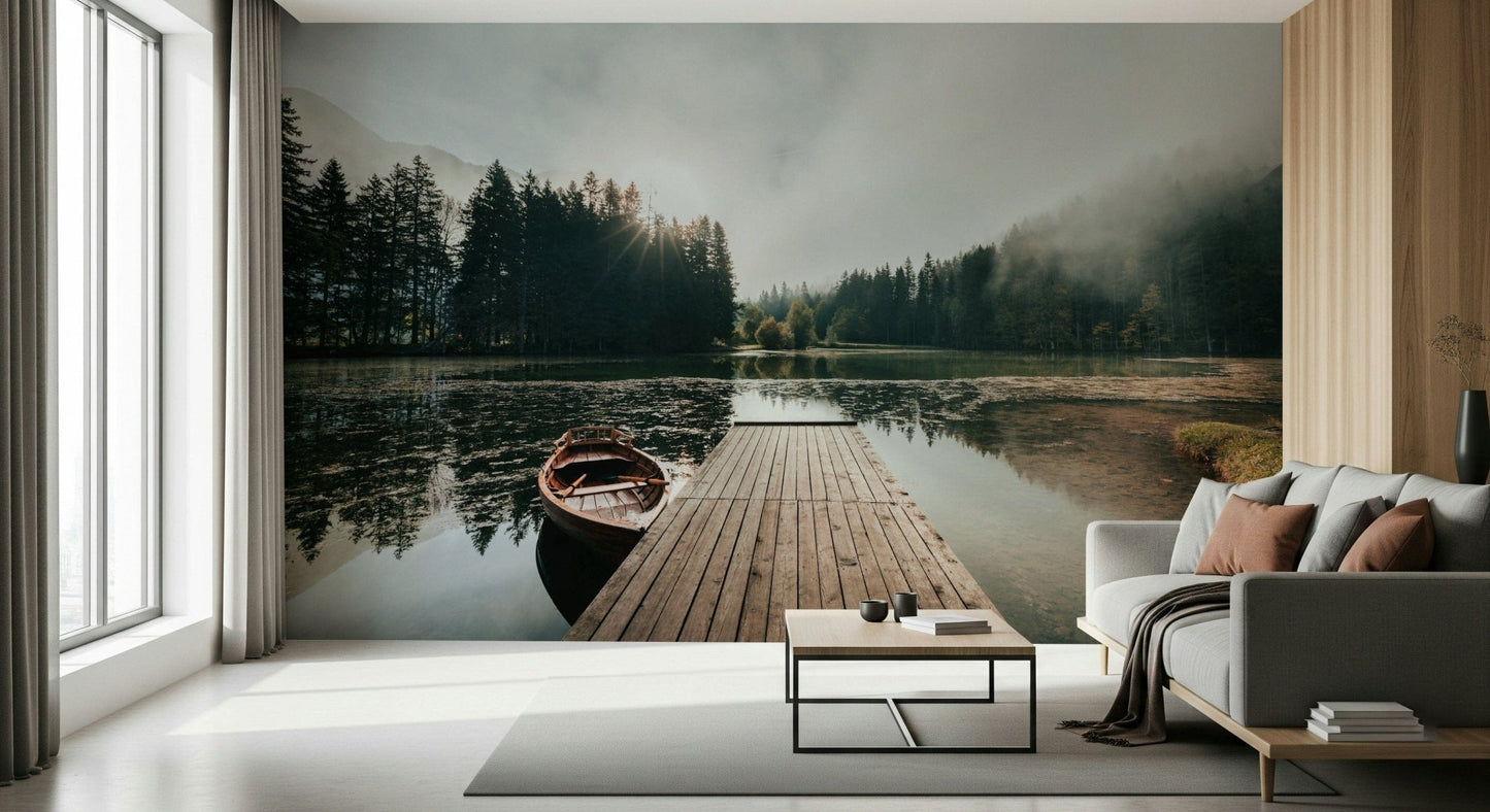 An artistic soft focus seascape mural on minimalist wallpaper.
