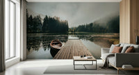 An artistic soft focus seascape mural on minimalist wallpaper.