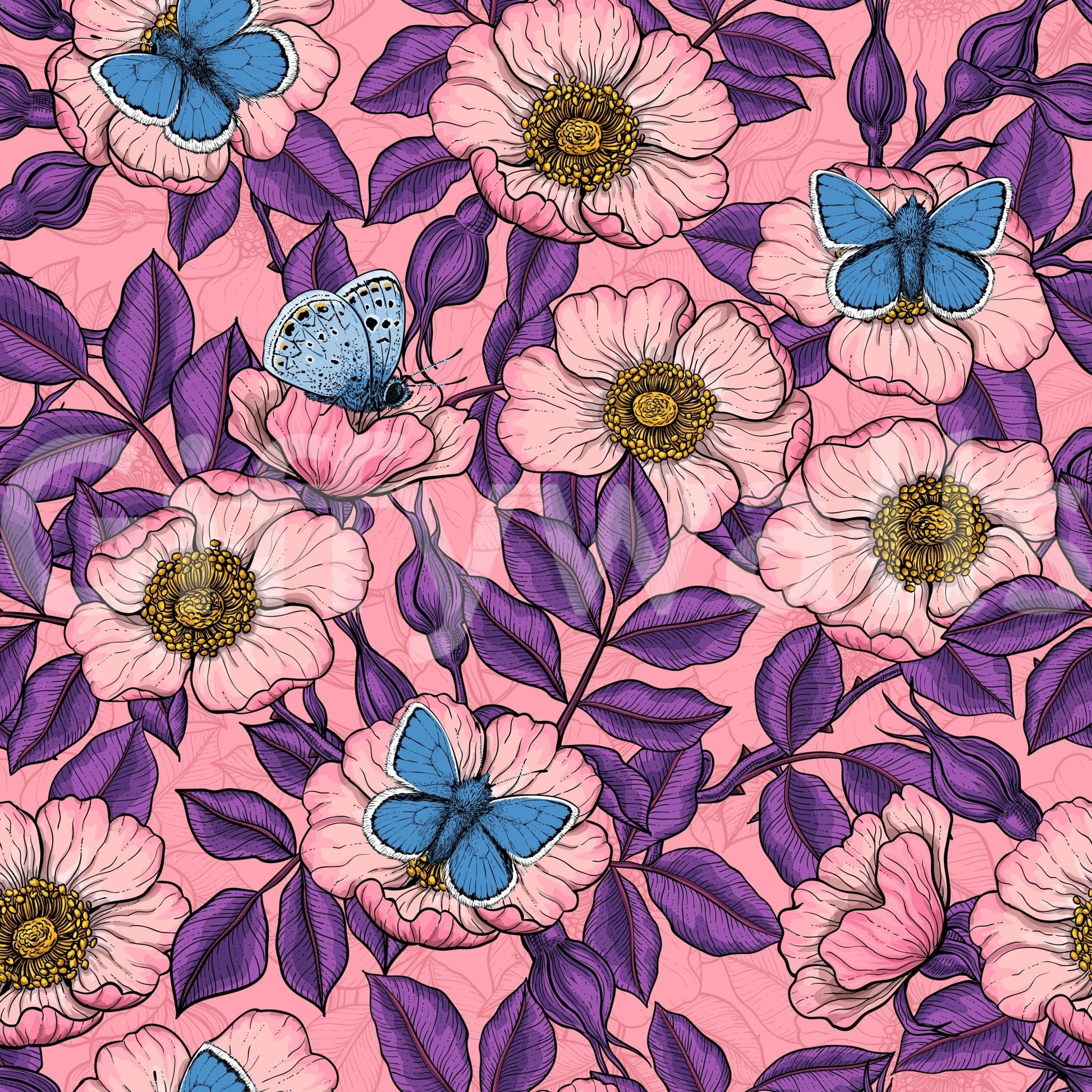Bright pinks, purples, and blues mix freely across this Dog Rose Butterfly wallpaperGD9561