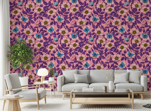 A bright living room blooms beside this Dog Rose Butterfly wallpaper
⁠GD9561