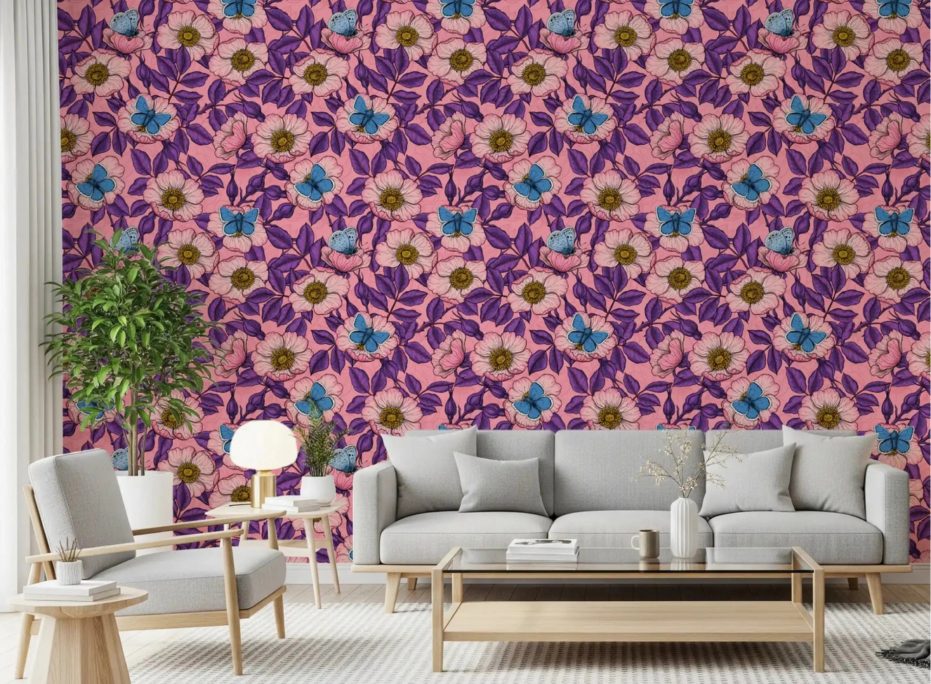 A bright living room blooms beside this Dog Rose Butterfly wallpaper
⁠GD9561