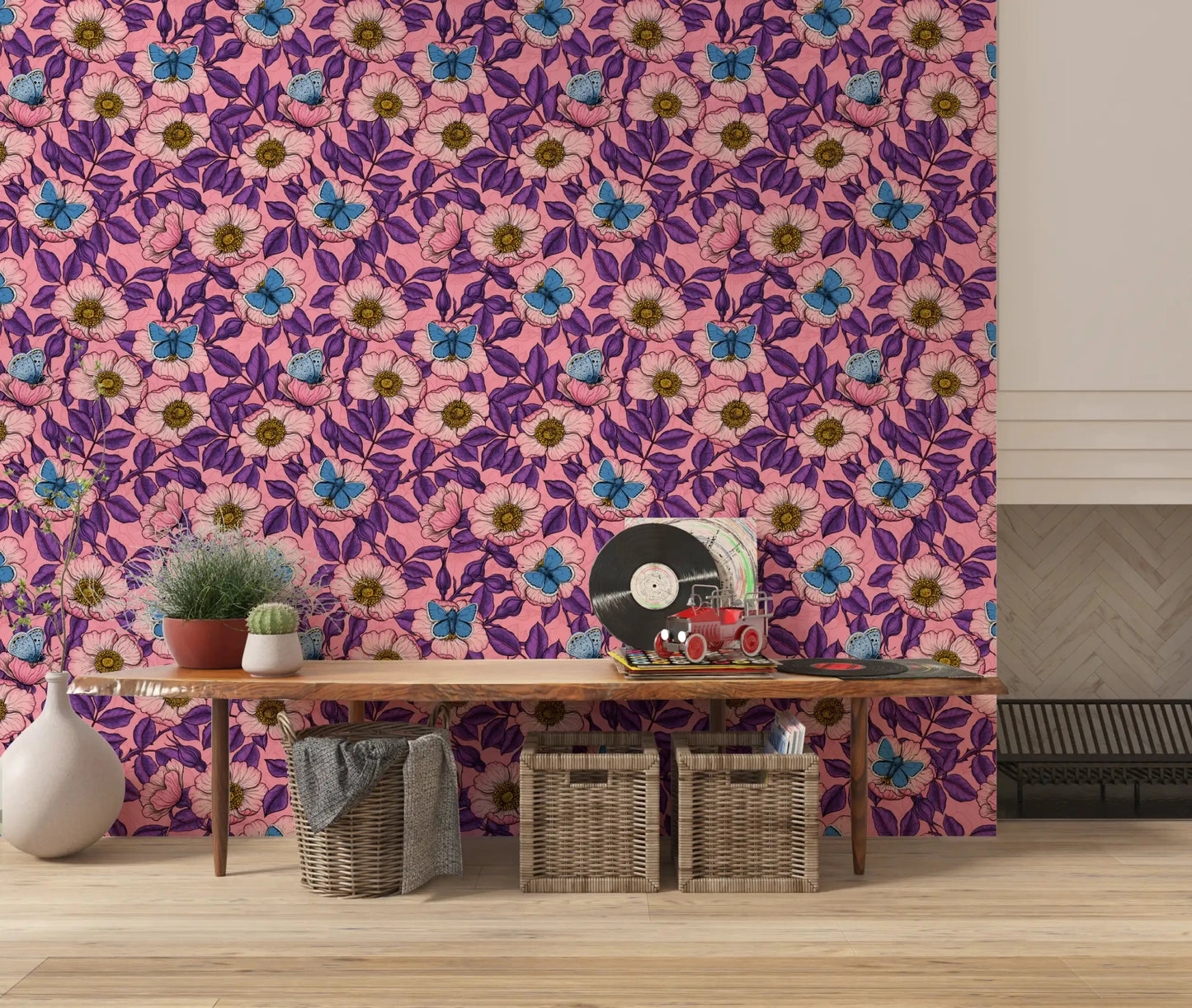 Faint ghost-flowers sit in the pink background of this colored linework wallpaperGD9561