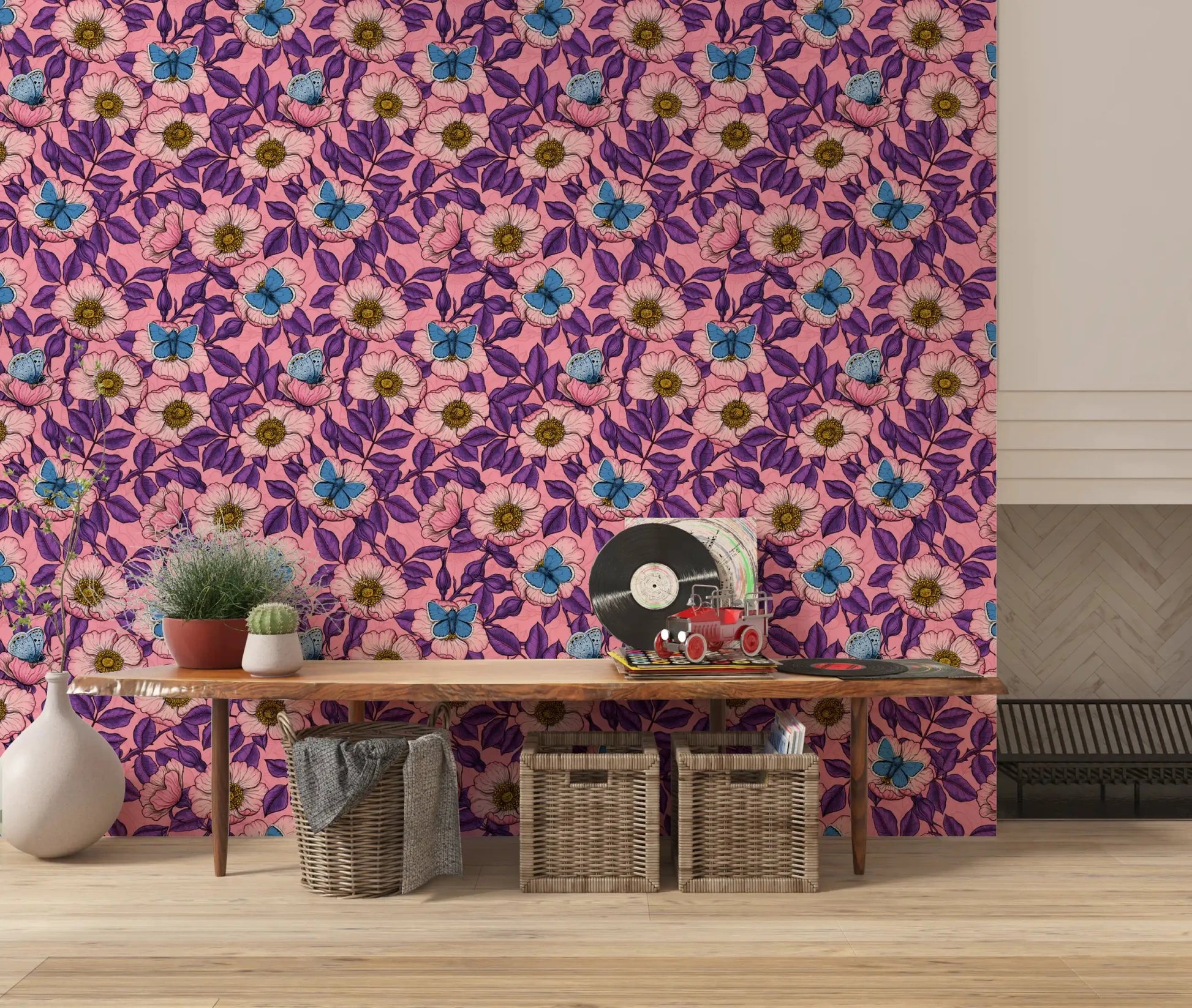 Faint ghost-flowers sit in the pink background of this colored linework wallpaperGD9561