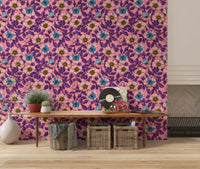Faint ghost-flowers sit in the pink background of this colored linework wallpaperGD9561