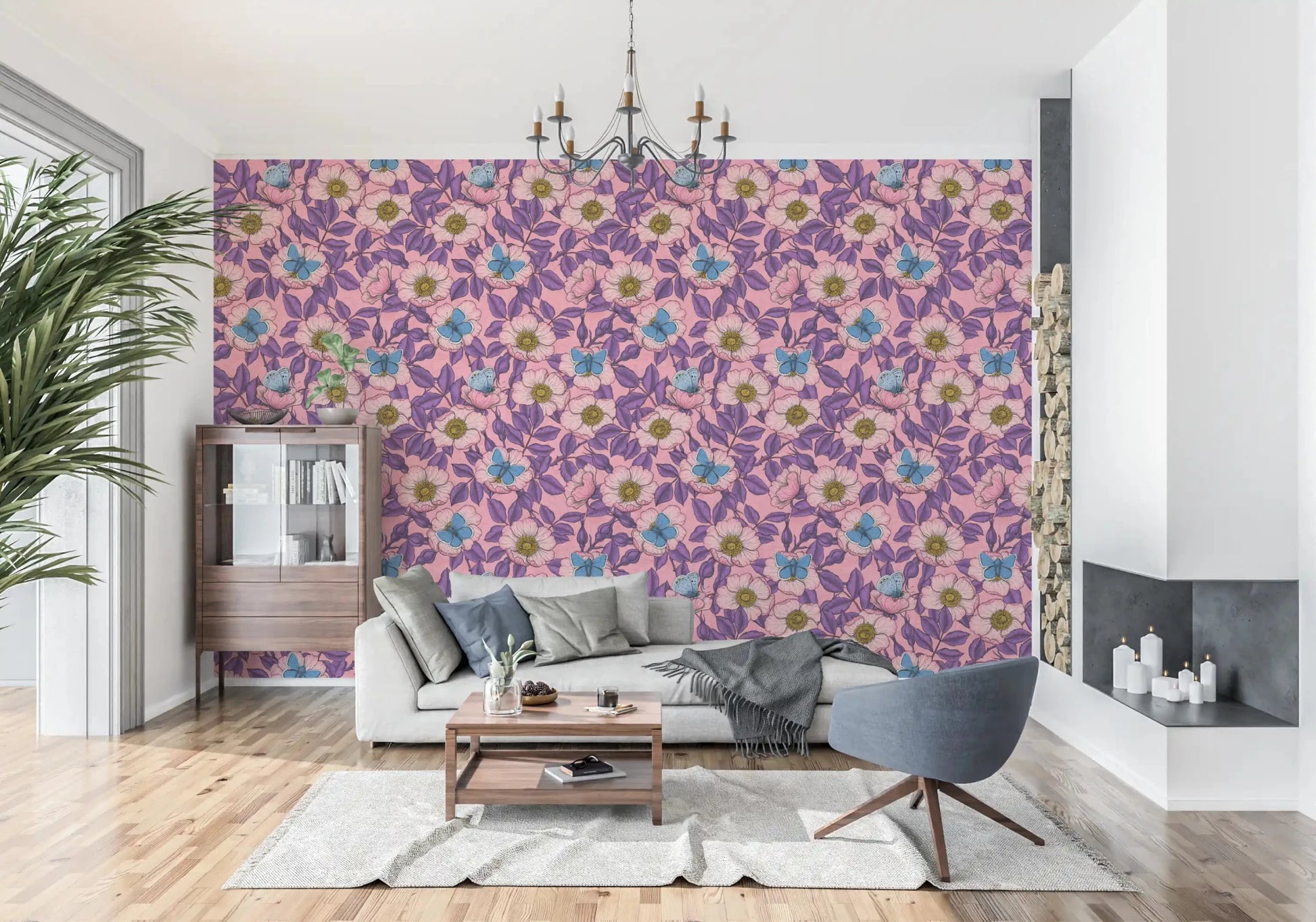 Living room glows pinker against the colorful linework wallpaperGD9561