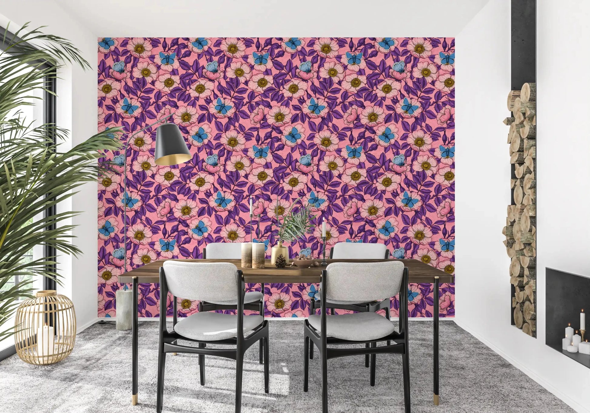 Across the dining area, coral roses and blue wings cover this wallpaper
GD9561