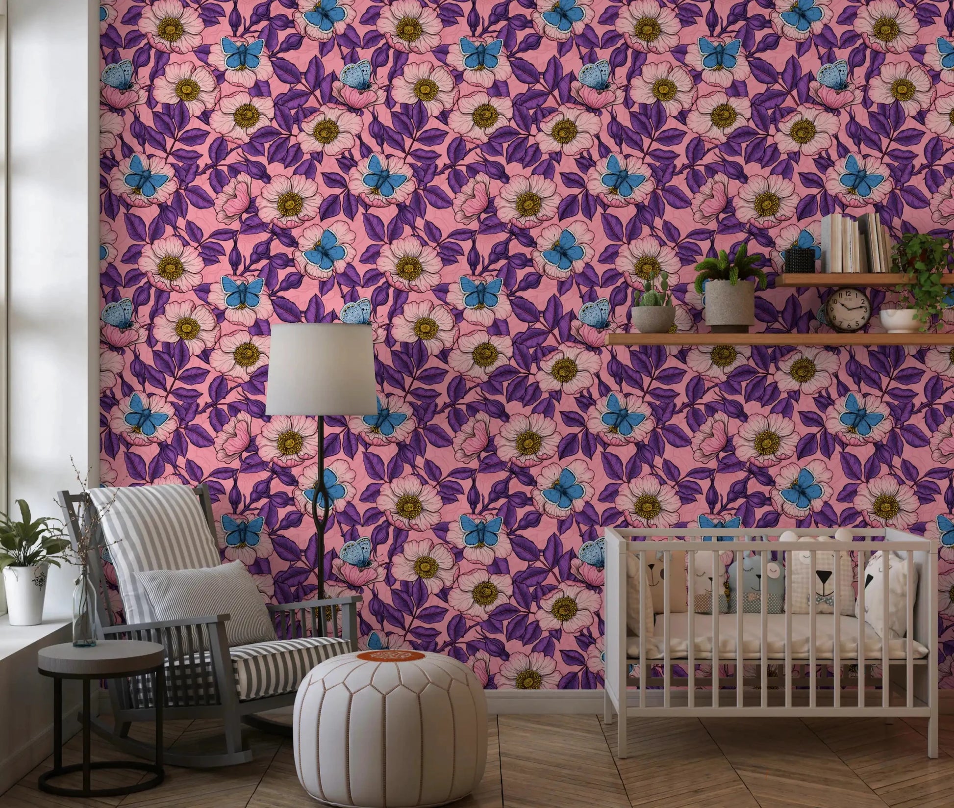 Coral pink dog roses with golden centers cover this linework floral wallpaperGD9561