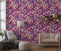Coral pink dog roses with golden centers cover this linework floral wallpaperGD9561
