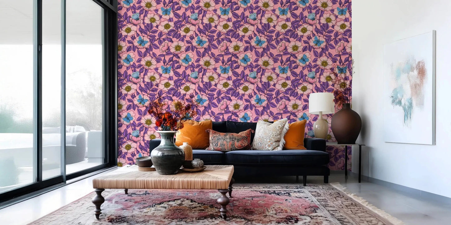 The lounge gains lift from this Pink Dog Rose Butterfly wallpaperGD9561