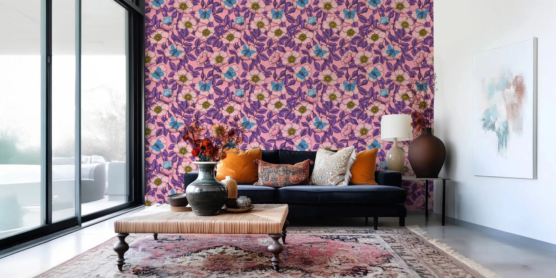The lounge gains lift from this Pink Dog Rose Butterfly wallpaperGD9561