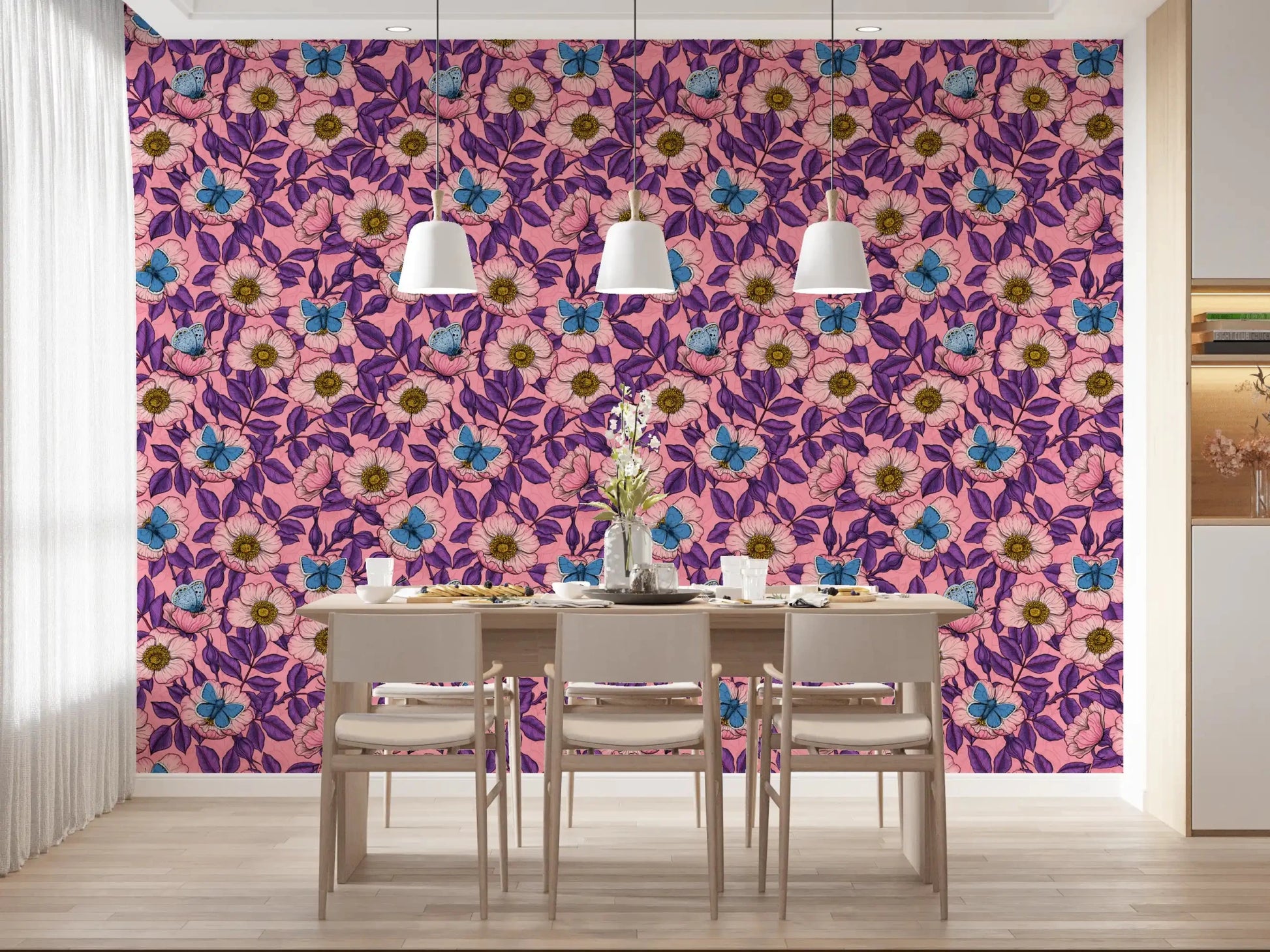 Family-style dining sits inside coral and purple florals on this wallpaperGD9561