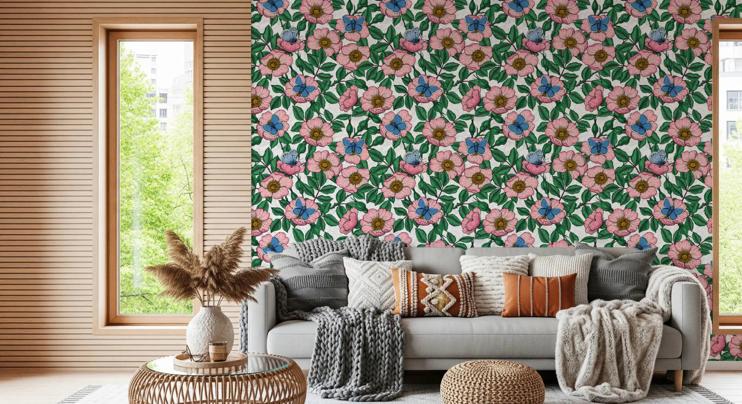 Pink-and-green florals spill into the family room from this wallpaperGD9560