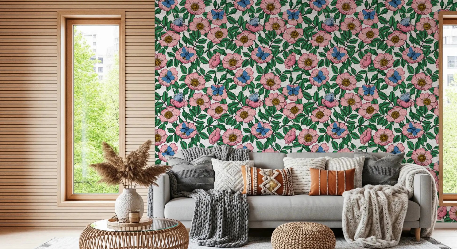 Pink-and-green florals spill into the family room from this wallpaperGD9560