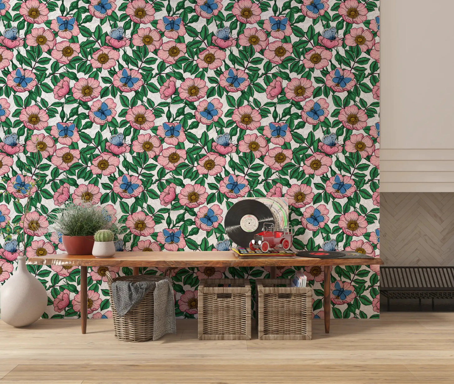 Across the living-dining area runs the bright floral linework wallpaperGD9560