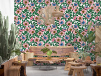 Pink dog roses with golden centers spread across a clean white linework wallpaperGD9560