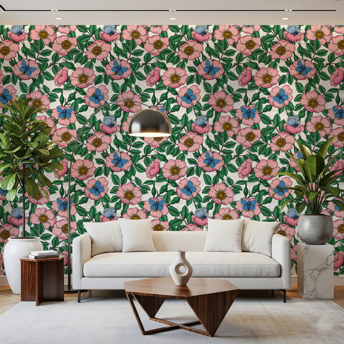 A pink-and-blue garden feel hits the lounge through this floral wallpaperGD9560