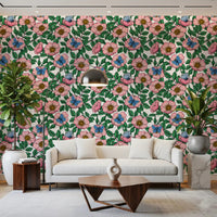 A pink-and-blue garden feel hits the lounge through this floral wallpaperGD9560