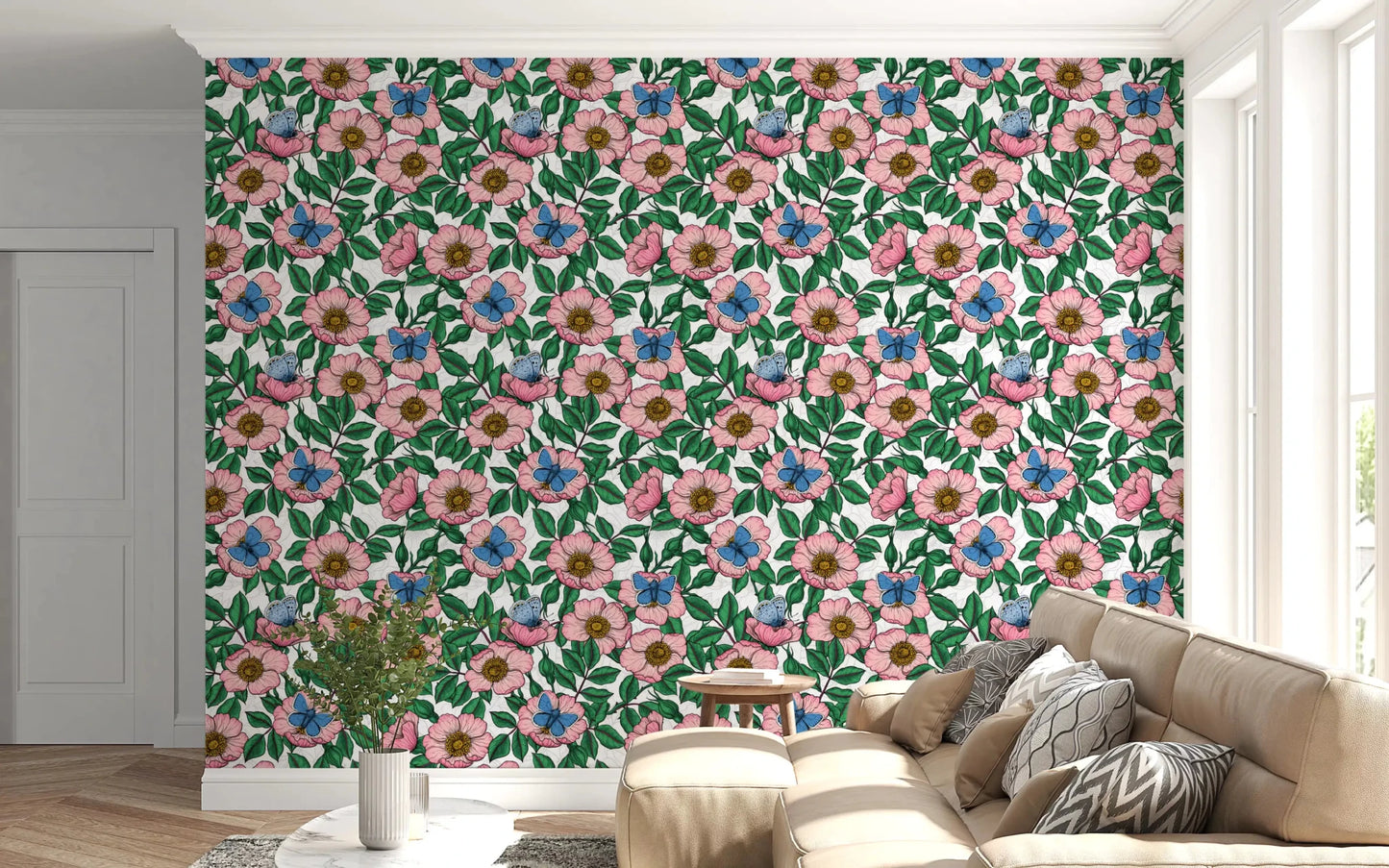 Bright blue butterflies rest among green leaves on this Dog Rose Butterfly wallpaperGD9560