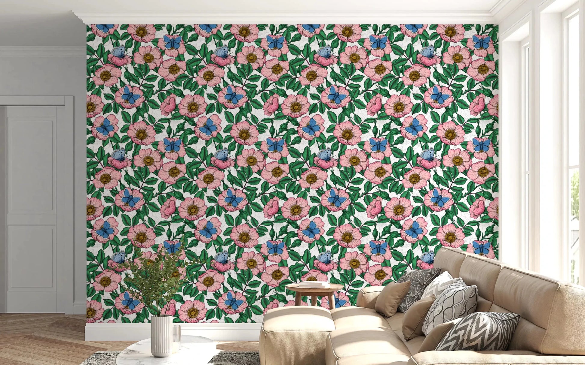 Bright blue butterflies rest among green leaves on this Dog Rose Butterfly wallpaperGD9560