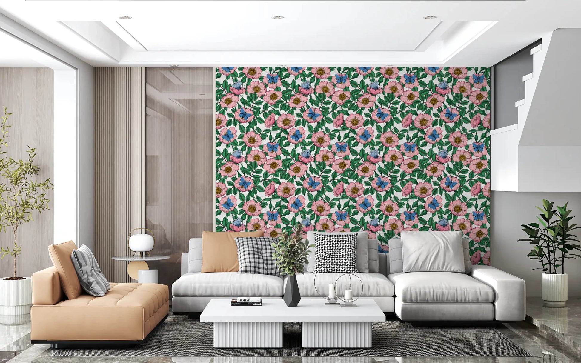 Beneath an open living space sits this Pink Dog Rose Butterfly wallpaperGD9560