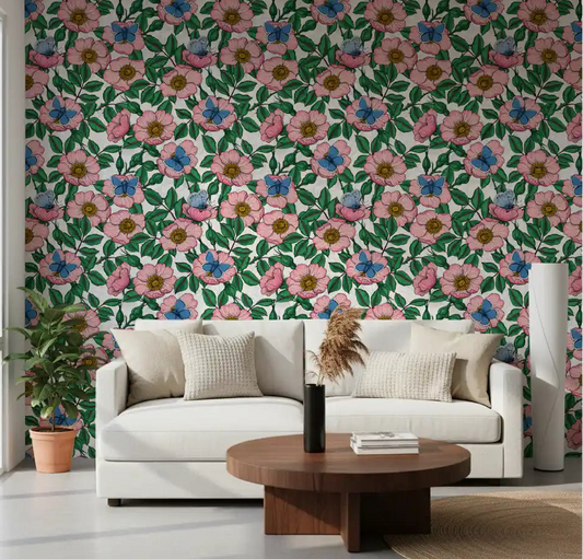 Bright florals fill the living room from this Dog Rose Butterfly wallpaper⁠GD9560