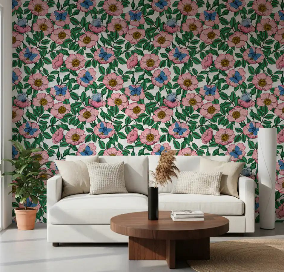Bright florals fill the living room from this Dog Rose Butterfly wallpaper⁠GD9560