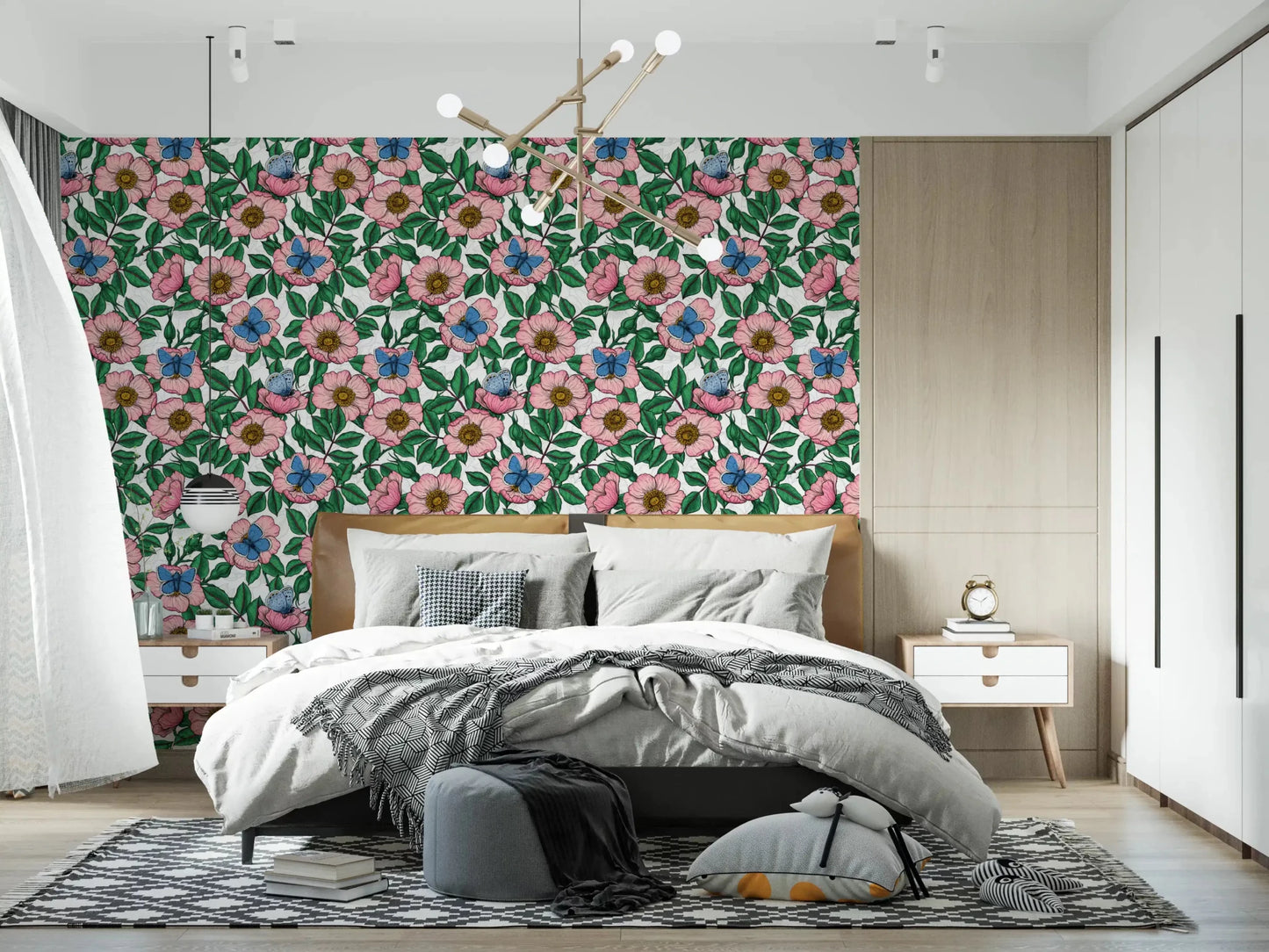 Faint ghost-flowers sit in the white background of this colored linework wallpaperGD9560