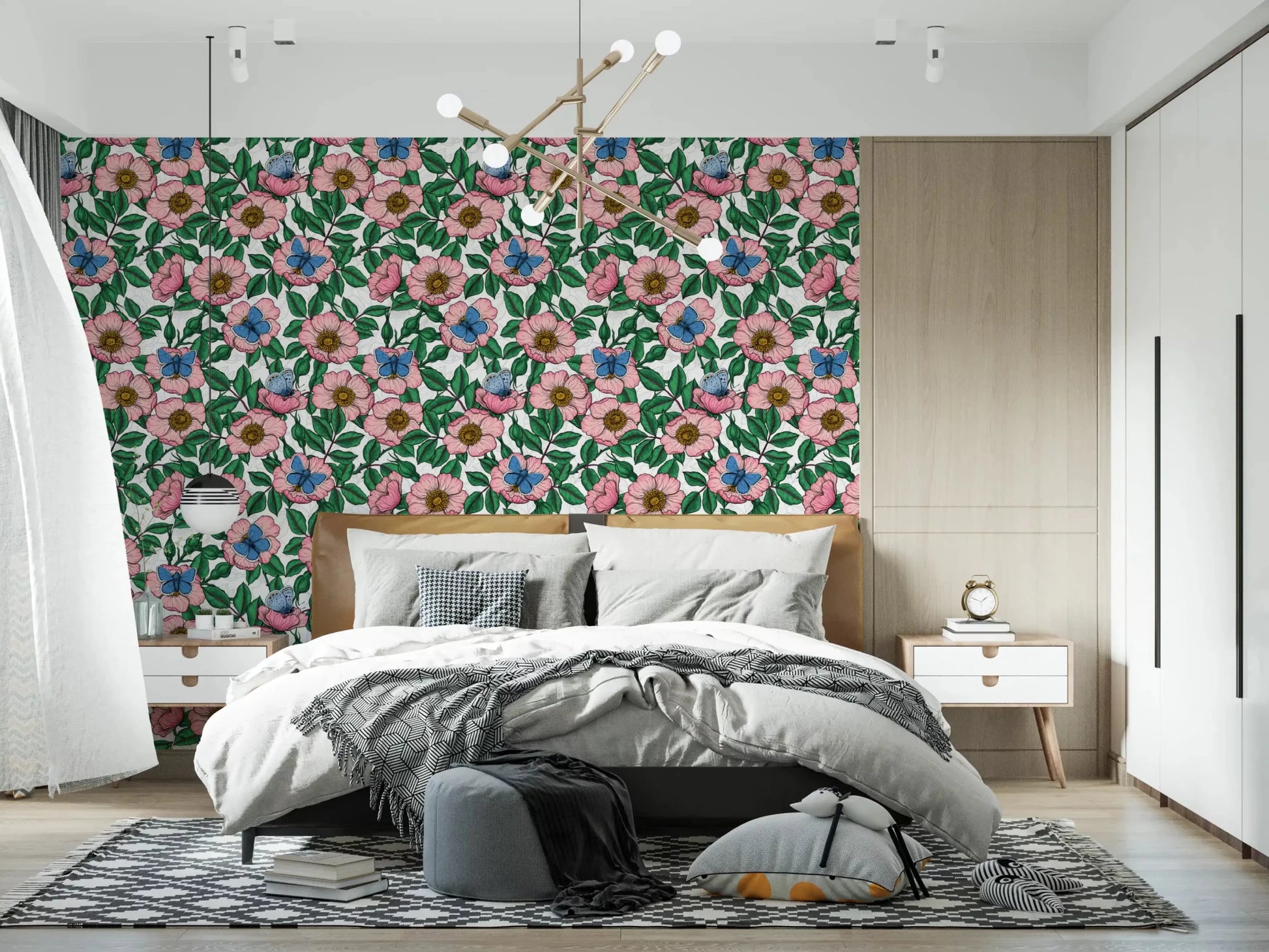 Faint ghost-flowers sit in the white background of this colored linework wallpaperGD9560