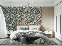 Faint ghost-flowers sit in the white background of this colored linework wallpaperGD9560