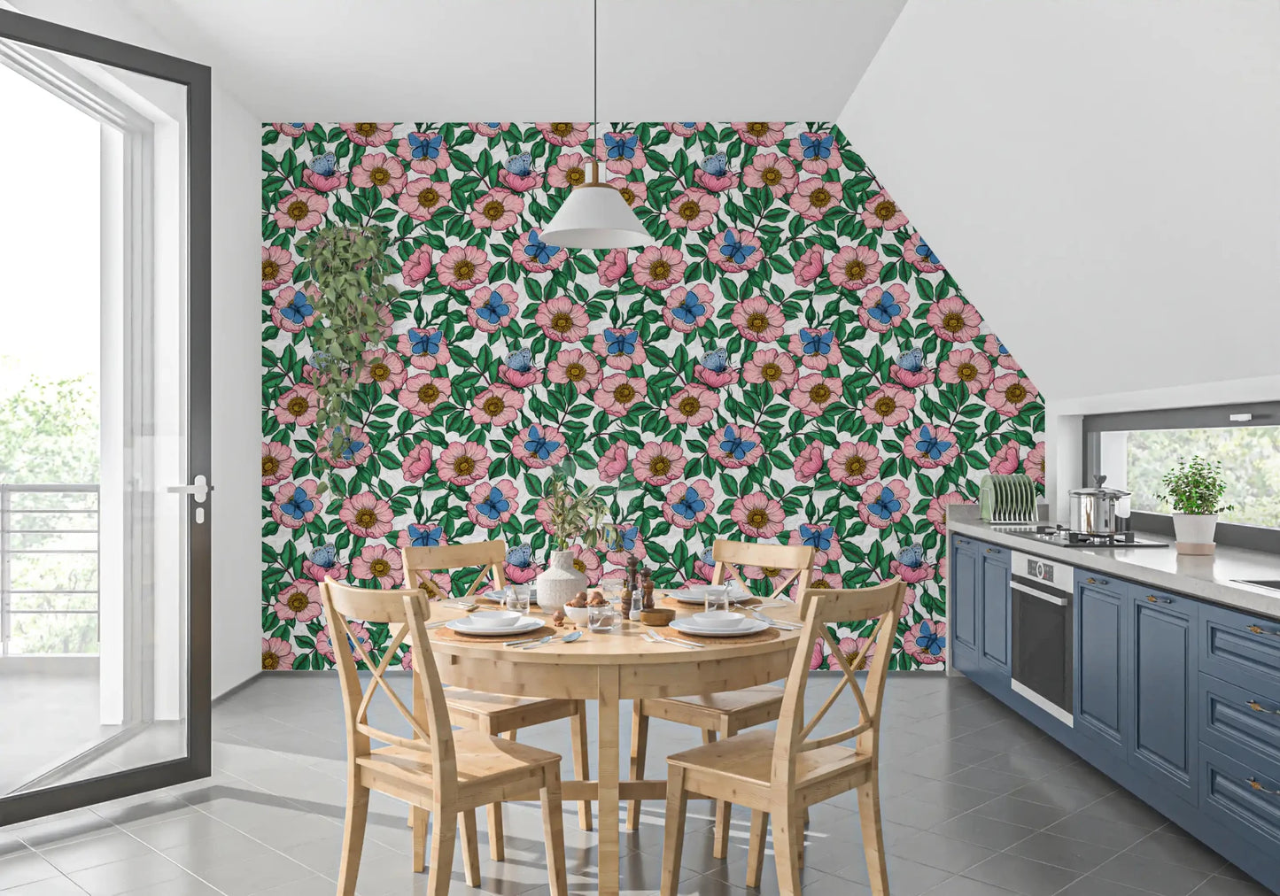 Dining room pops with bright pinks and blues on this floral wallpaperGD9560