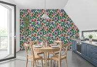 Dining room pops with bright pinks and blues on this floral wallpaperGD9560