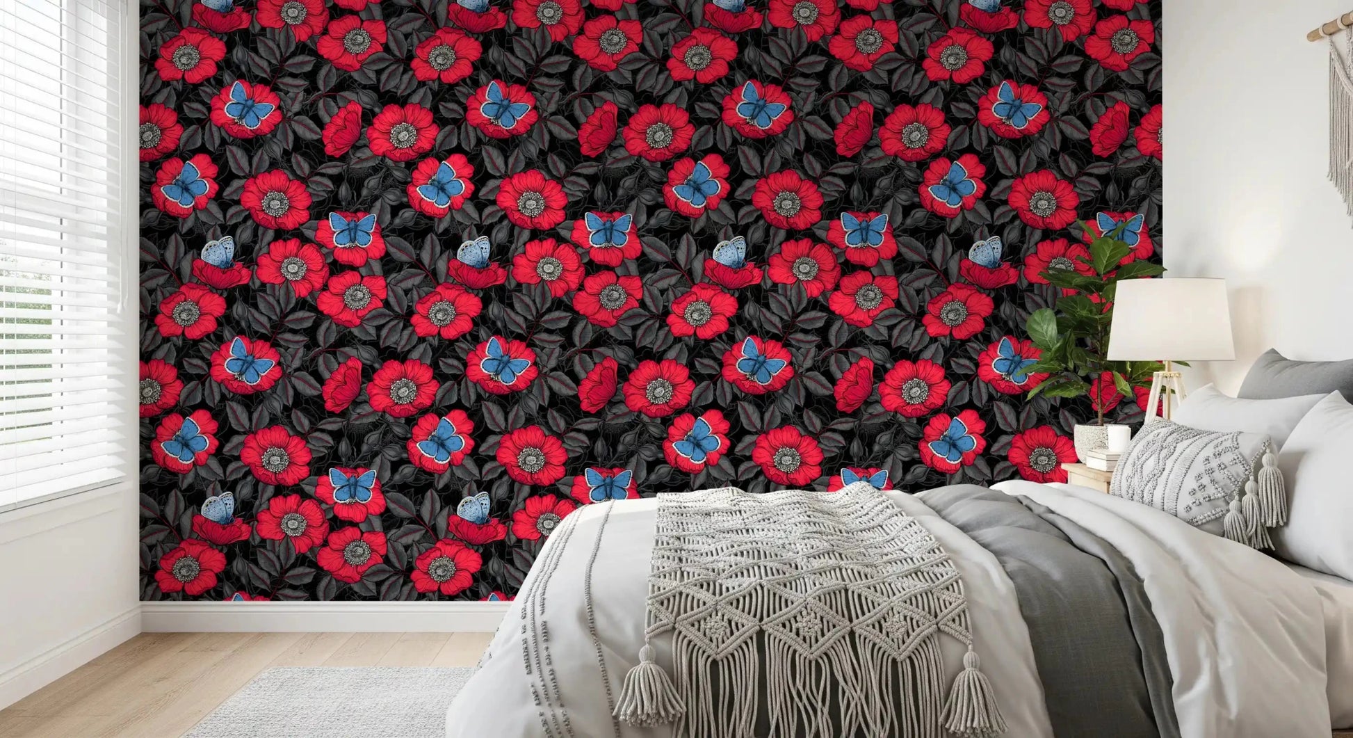 Bedroom shifts deeper under this Red Dog Rose Butterfly wallpaperGD9559