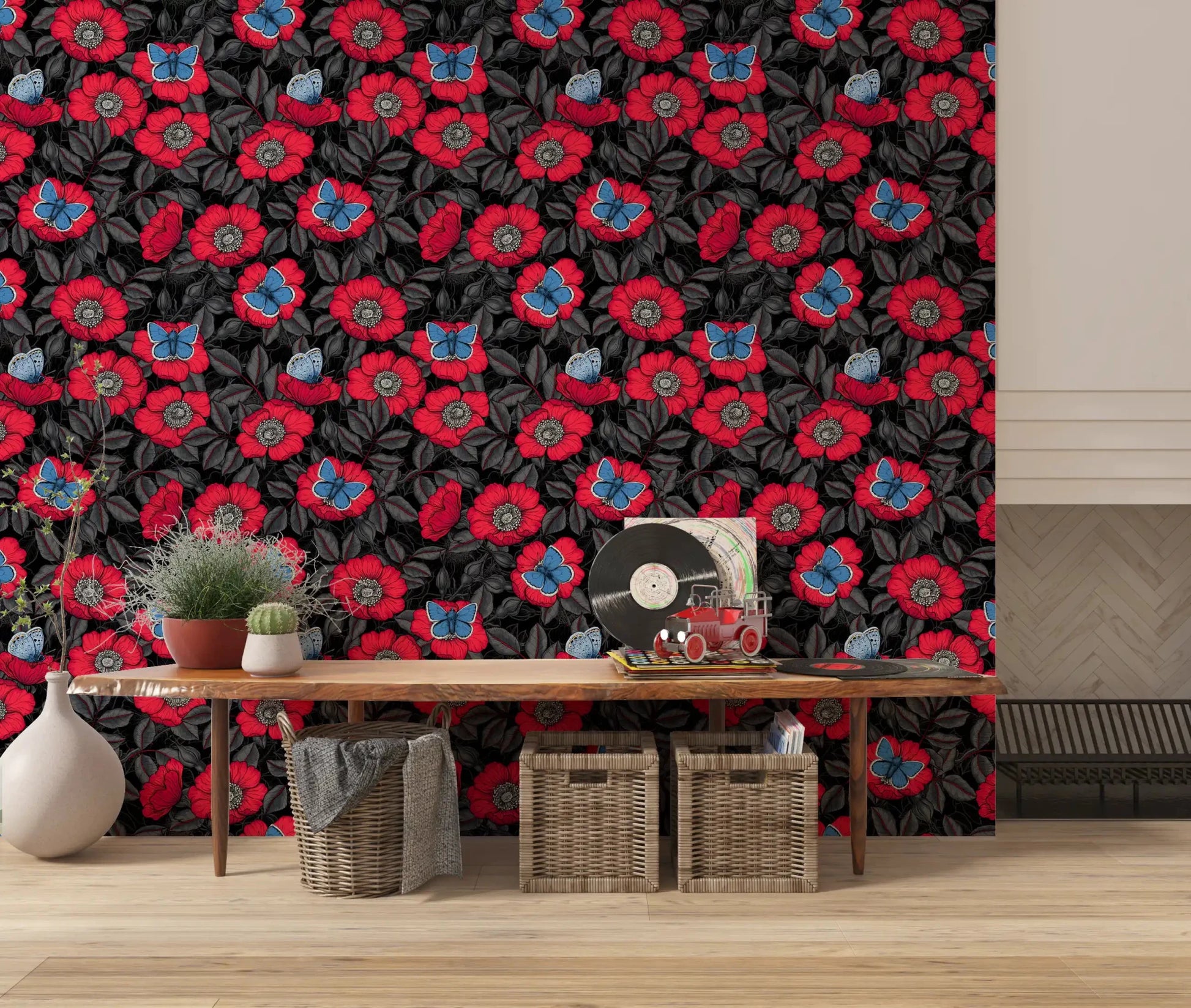 Across the lounge, crimson roses cluster on this dark floral wallpaper
GD9559