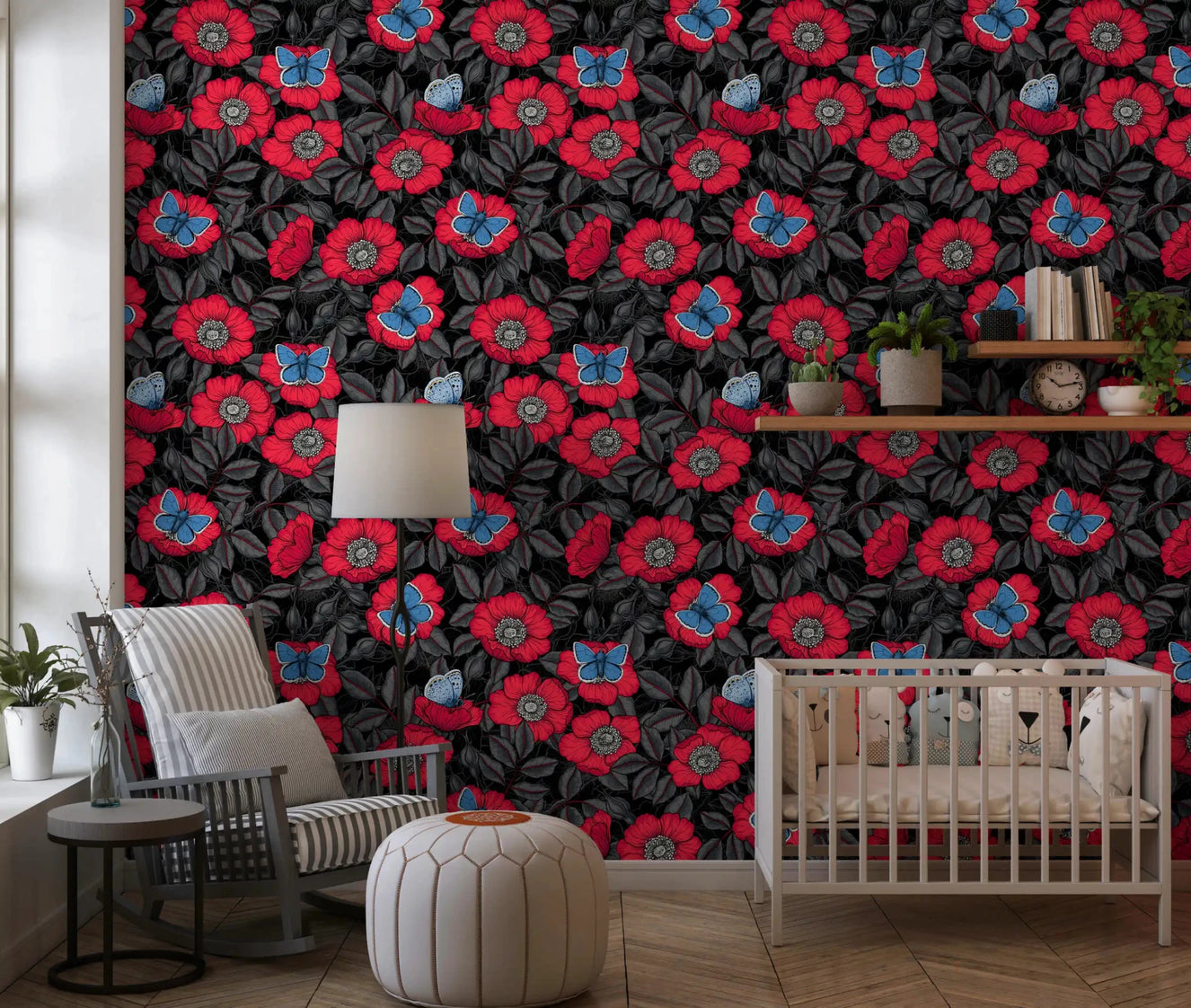 Nursery edges into drama against the bold red linework wallpaper⁠GD9559