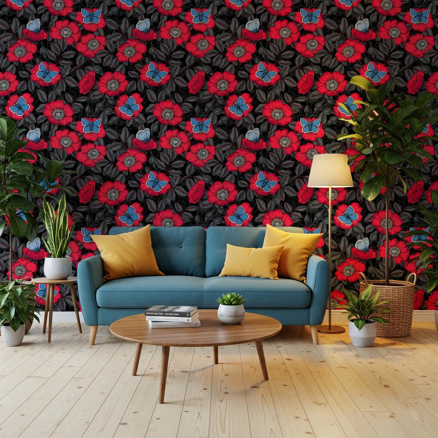 Bright blue butterflies rest on some of the red blooms on this Dog Rose wallpaperGD9559