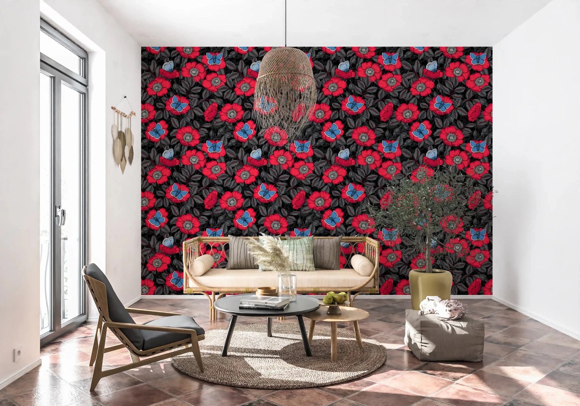 Vivid reds, electric blues, and soft grays meet on a black ground on this wallpaperGD9559