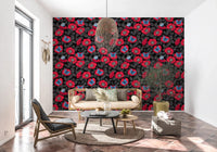 Vivid reds, electric blues, and soft grays meet on a black ground on this wallpaperGD9559