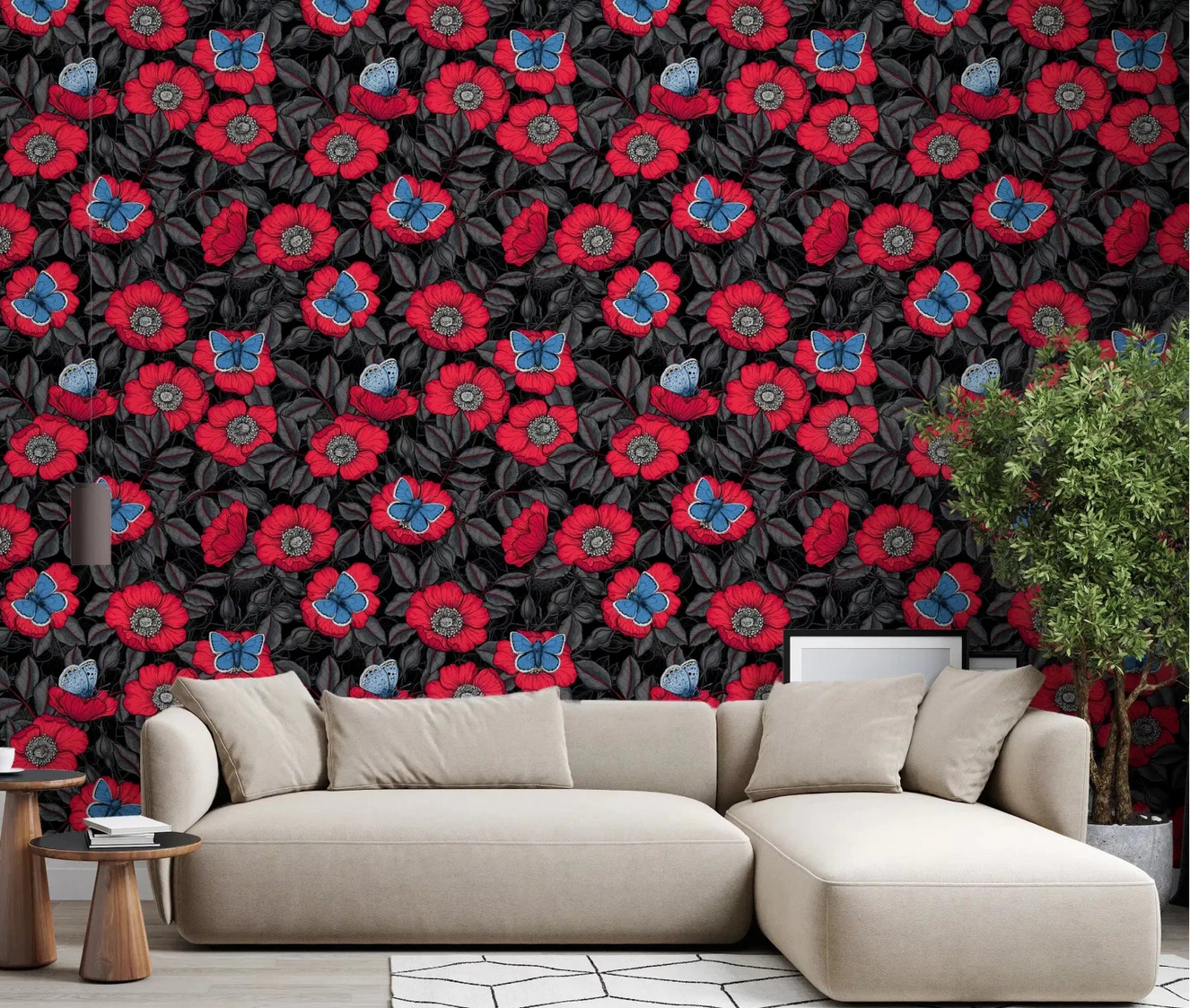 The living room takes a moodier turn beside this Dog Rose Butterfly wallpaperGD9559
